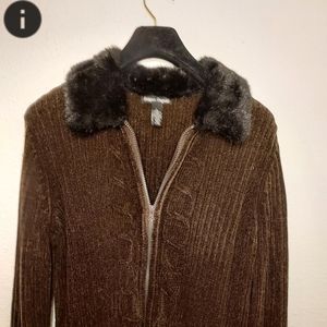 Brown ribbed zip jacket faux fur collar - (warm for Fall!) Designer's Originals
